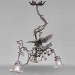 Lustre en bronze à patine brune à décor de dragon en vol et branches de cerisier en fleurs