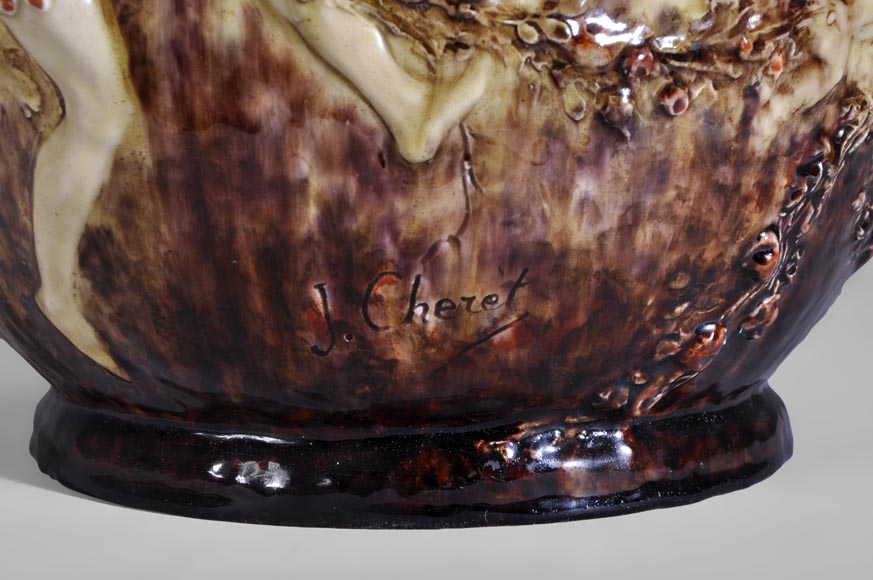 Théodore DECK (1823-1891) et Joseph Gustave CHERET (1838-1894) - Important vase à décor en relief de naïades et de chérubins-7