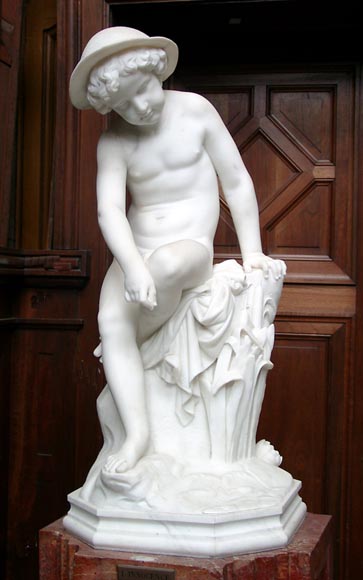 « LE PETIT PECHEUR » Sculpture en marbre de Charles JANSON exposée au Salon de 1859.   -0