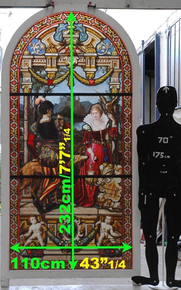 « Leaving for the Hunt , Important enamelled stained glass window by Maison Lorin coming from the Château des Ollières in Nice, France_fr