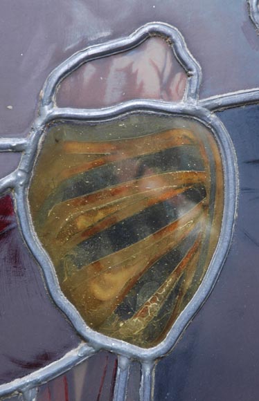 « Le Départ pour la chasse » Grand vitrail en verre émaillé de l’atelier Lorin, provenant du château des Ollières à Nice-12