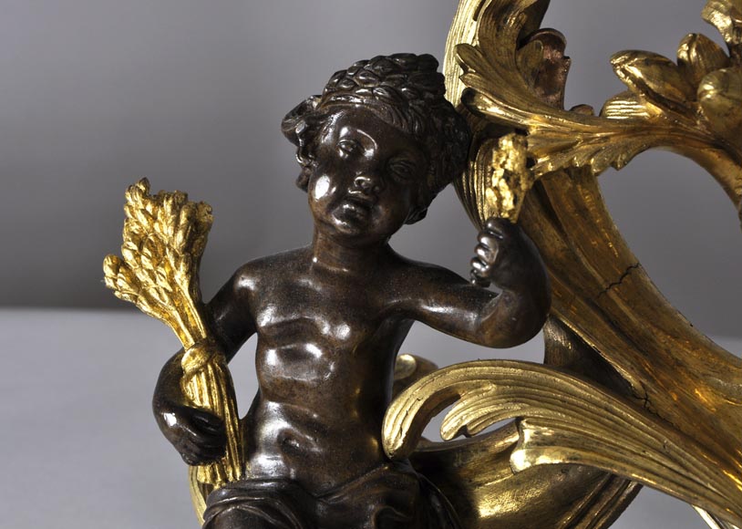 Belle paire de chenets anciens d'époque Louis XV aux Allégories de l'Eté en bronze doré et bronze à patine brune-2