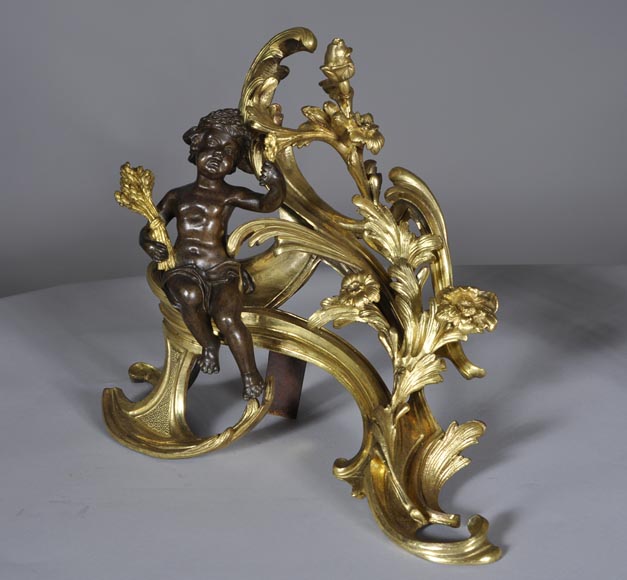 Belle paire de chenets anciens d'époque Louis XV aux Allégories de l'Eté en bronze doré et bronze à patine brune-3