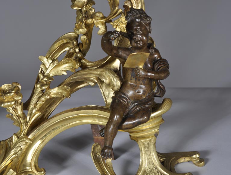 Belle paire de chenets anciens d'époque Louis XV aux Allégories de l'Eté en bronze doré et bronze à patine brune-5