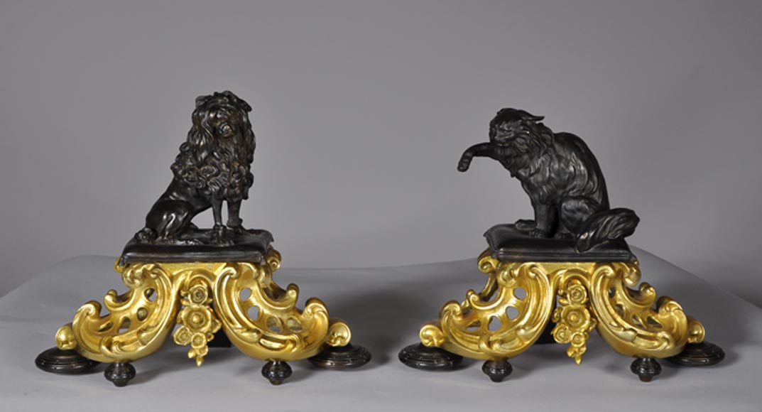 Paire de chenets en bronze doré et bronze à patine brune à décor de chien et chat-0