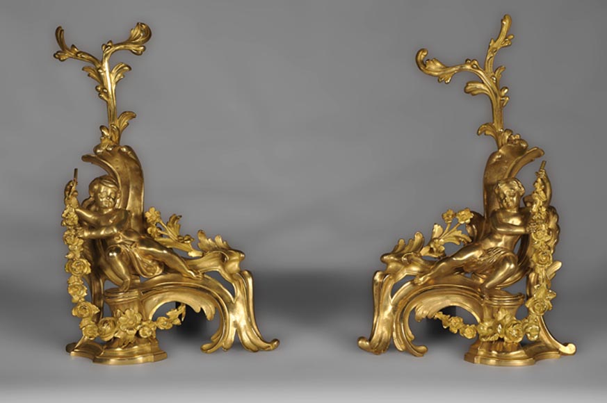 Paire de chenets ancien de style Louis XV en bronze doré à décor de putti-0