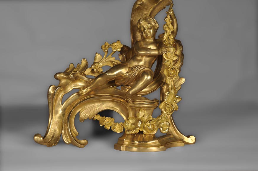 Paire de chenets ancien de style Louis XV en bronze doré à décor de putti-4