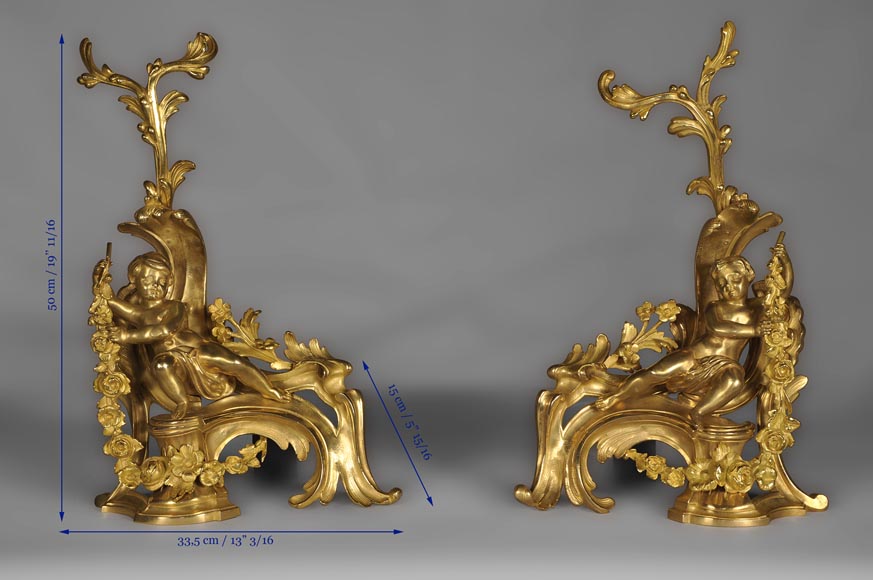 Paire de chenets ancien de style Louis XV en bronze doré à décor de putti-9