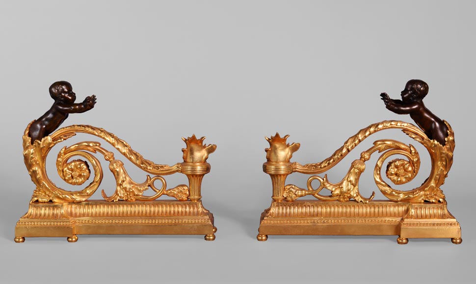 Belle paire de chenets de style Louis XVI en bronze doré et patiné aux putti-0