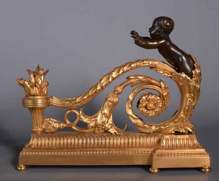 Belle paire de chenets de style Louis XVI en bronze doré et patiné aux putti-1