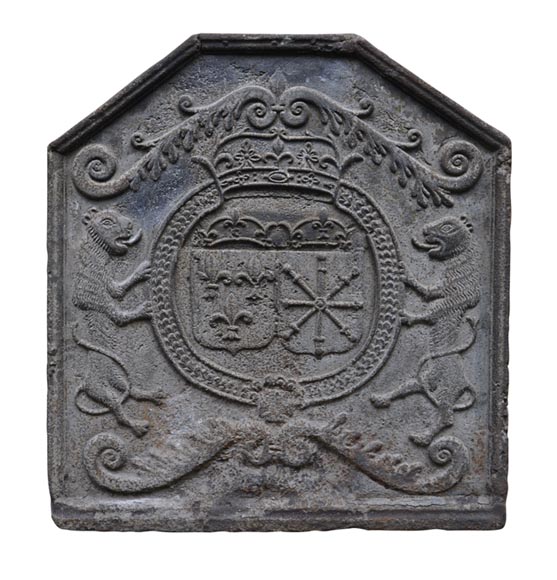 Belle plaque de cheminée ancienne du XVIIIè siècle aux Armes de France et de Navarre-0