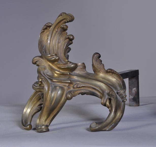 Paire De Chenets Louis XV En Bronze Doré Et à Patine Noire