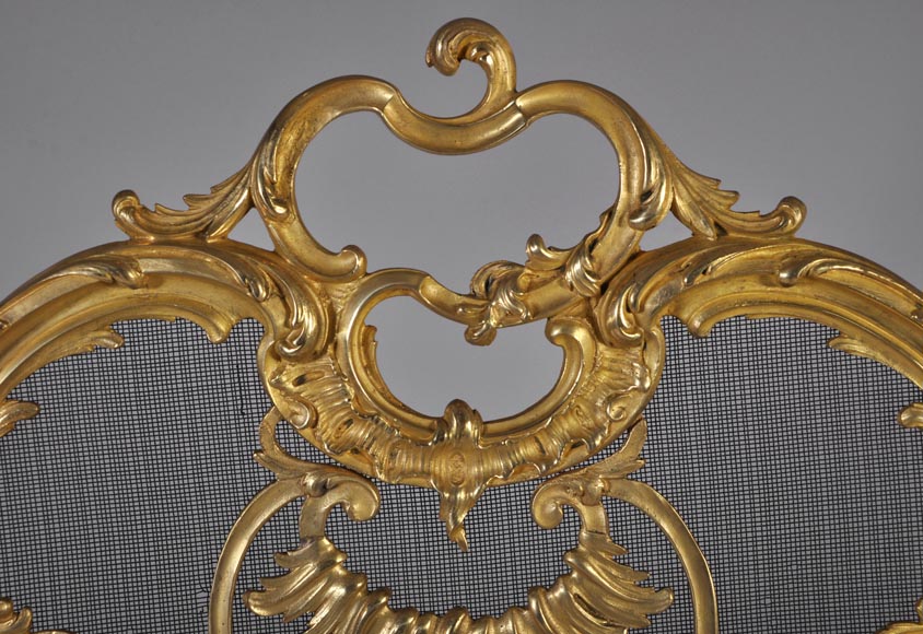 Pare étincelles ancien de style Louis XV en bronze doré, décor de feuillages et fleurs-2