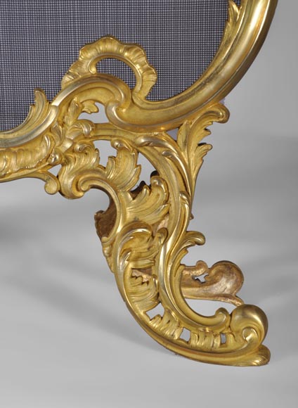 Pare étincelles ancien de style Louis XV en bronze doré, décor de feuillages et fleurs-4