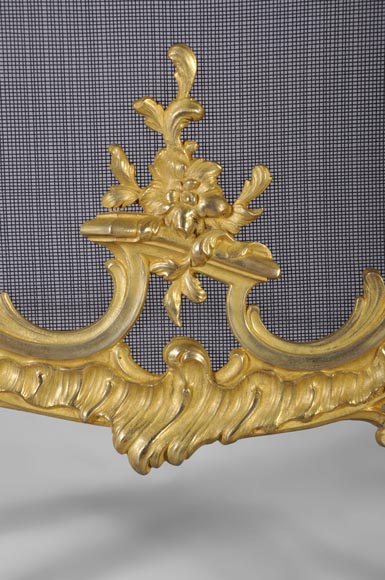 Pare étincelles ancien de style Louis XV en bronze doré, décor de feuillages et fleurs-5