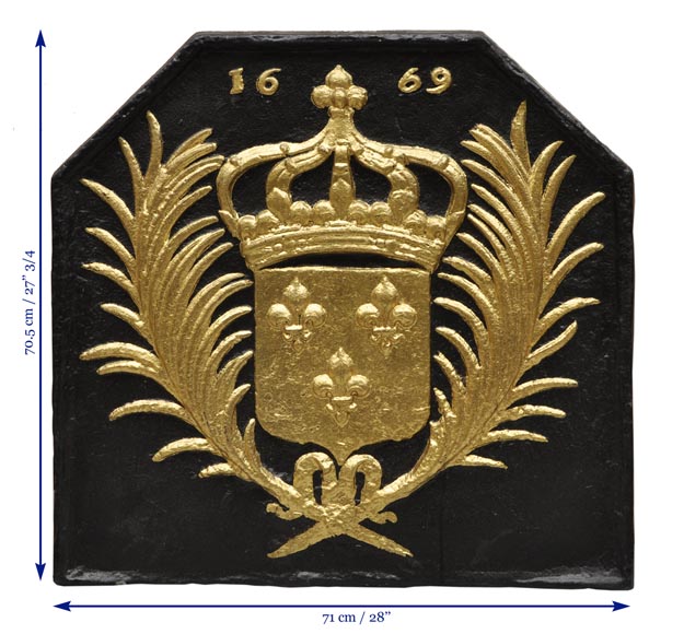 Grande plaque de cheminée aux Armes de France dorée à la feuille-5