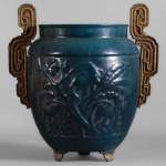 Beau vase de jardin ancien en fonte émaillée bleue, XIXè siècle
