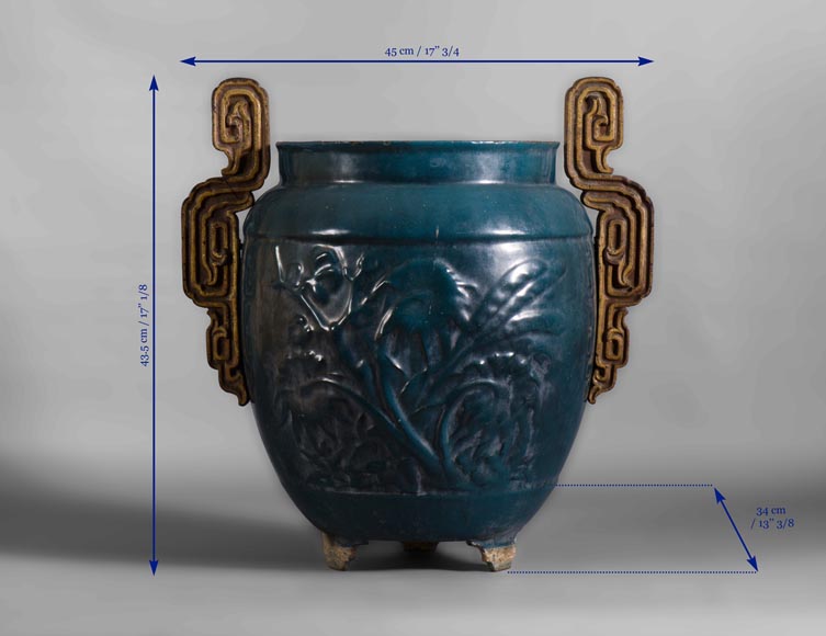Beau vase de jardin ancien en fonte émaillée bleue, XIXè siècle-4