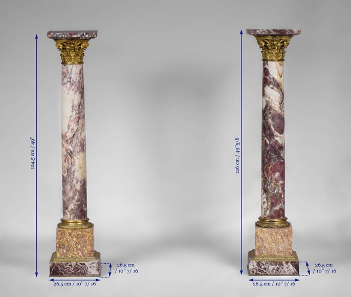 Très belle paire de colonnes en marbre Brèche Violette, Brocatelle Jaune et Levanto Rouge à ornements de bronze doré-9