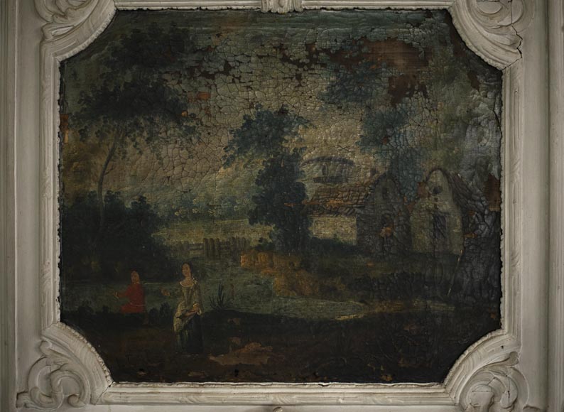 Trumeau ancien de style Régence avec miroir et huile sur toile représentant une scène galante-1