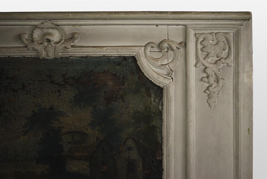 Trumeau ancien de style Régence avec miroir et huile sur toile représentant une scène galante-4
