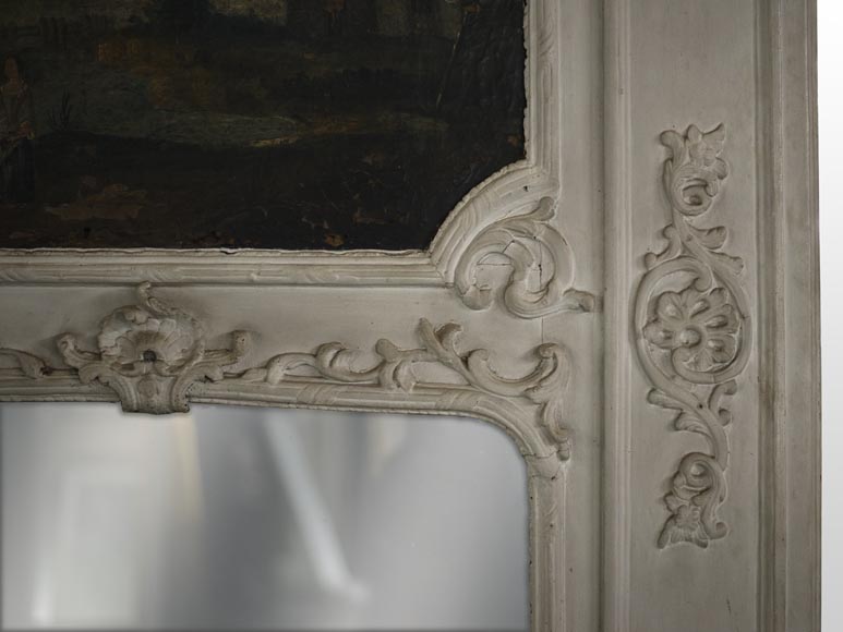 Trumeau ancien de style Régence avec miroir et huile sur toile représentant une scène galante-5