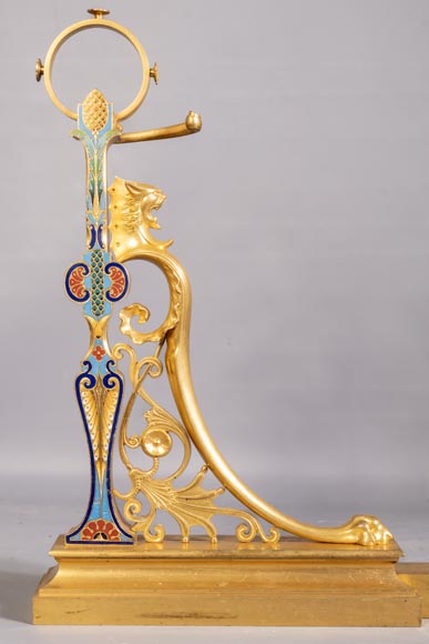 Paire de chenets de style Napoléon III en bronze doré au décors émaillé-1
