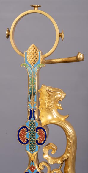 Paire de chenets de style Napoléon III en bronze doré au décors émaillé-2