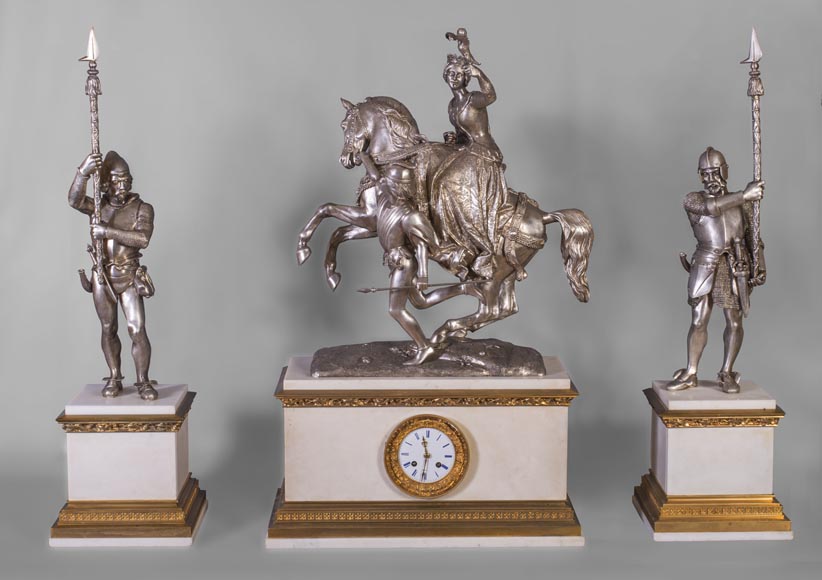 D'après Jean-Auguste BARRE (1811-1896) - Garniture de cheminée figurant Marie de Bourgogne partant à la chasse au faucon-0