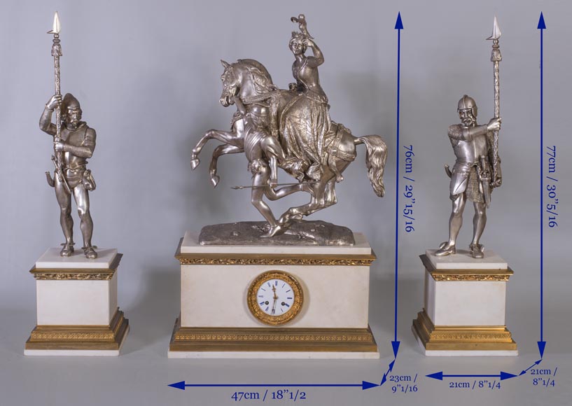 D'après Jean-Auguste BARRE (1811-1896) - Garniture de cheminée figurant Marie de Bourgogne partant à la chasse au faucon-11