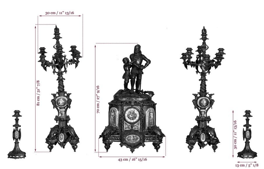 Importante garniture de cheminée 5 pièces de style Troubadour, fonte de fer et Porcelaine de Paris-10