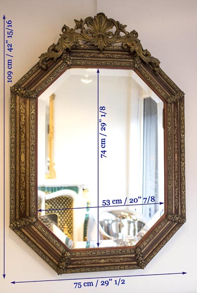 Beau miroir octogonal Napoléon III avec sa glace biseautée, bois, bronze et incrustations de laiton doré-5
