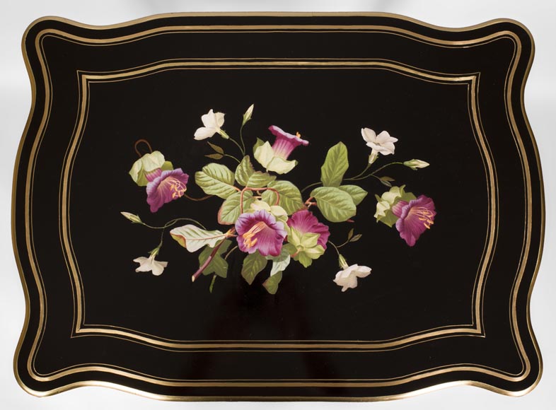 Julien-Nicolas RIVART (1802-1867) - Table à ouvrage en poirier noirci à décor de fleurs des champs en marqueterie de porcelaine-2