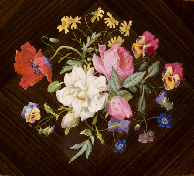 Maison TAHAN et Julien-Nicolas RIVART (1802-1867) - Belle table à ouvrage à bouquet de fleurs en marqueterie de porcelaine et ornements de bronze doré-2