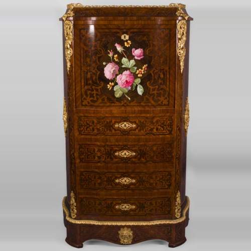 Julien-Nicolas RIVART (1802-1867) - Secrétaire-chiffonnier en marqueterie de bois et de porcelaine à décor de roses épanouies