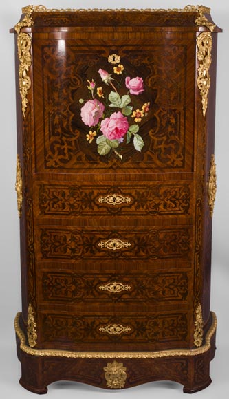 Julien-Nicolas RIVART (1802-1867) - Secrétaire-chiffonnier en marqueterie de bois et de porcelaine à décor de roses épanouies-0