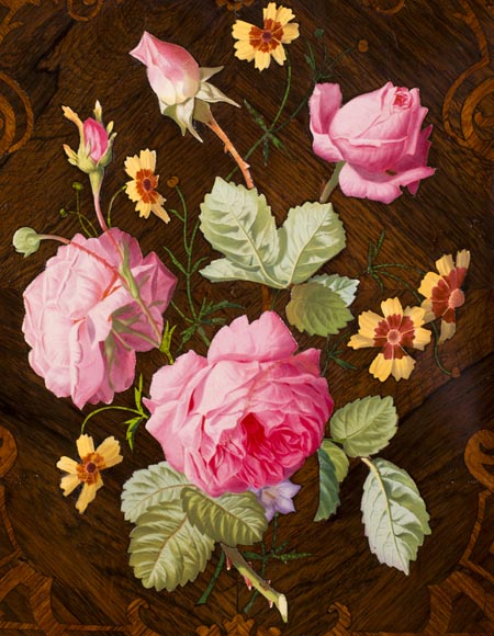 Julien-Nicolas RIVART (1802-1867) - Secrétaire-chiffonnier en marqueterie de bois et de porcelaine à décor de roses épanouies-2