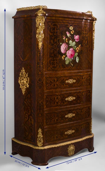 Julien-Nicolas RIVART (1802-1867) - Secrétaire-chiffonnier en marqueterie de bois et de porcelaine à décor de roses épanouies-6