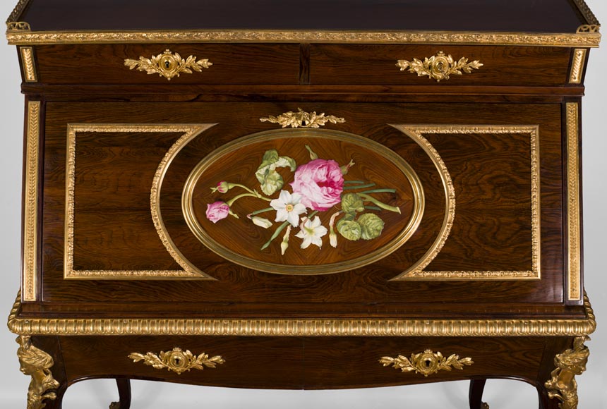 Julien-Nicolas RIVART (1802-1867) - Bureau de pente aux espagnolettes de bronze doré  et à décor de marqueterie de porcelaine-2