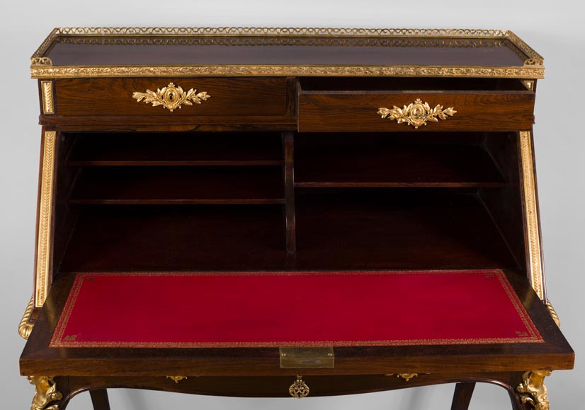 Julien-Nicolas RIVART (1802-1867) - Bureau de pente aux espagnolettes de bronze doré  et à décor de marqueterie de porcelaine-4