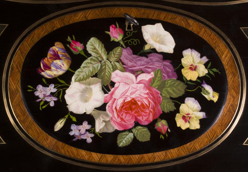 Julien-Nicolas RIVART (1802-1867) - Bureau de pente galbé à marqueterie de losanges et bouquet de fleurs en incrustation de porcelaine-3