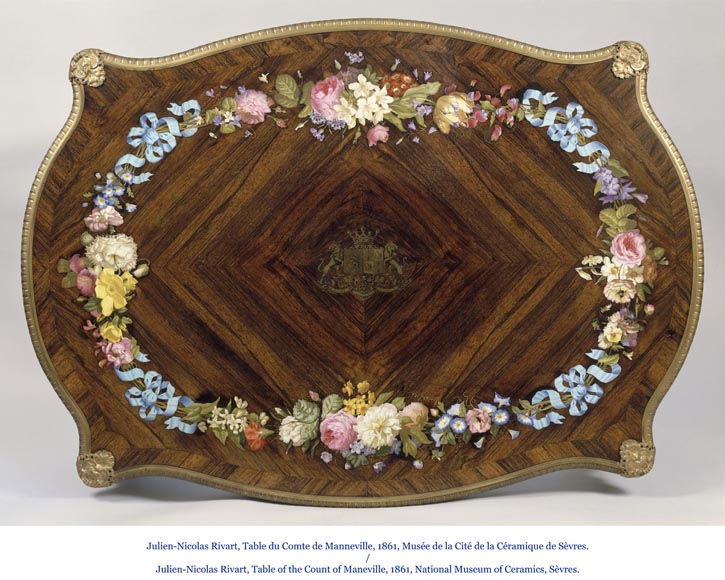 Julien-Nicolas RIVART (1802-1867) - Élégante table à ouvrage armoriée à décoration de marqueterie de porcelaine-6