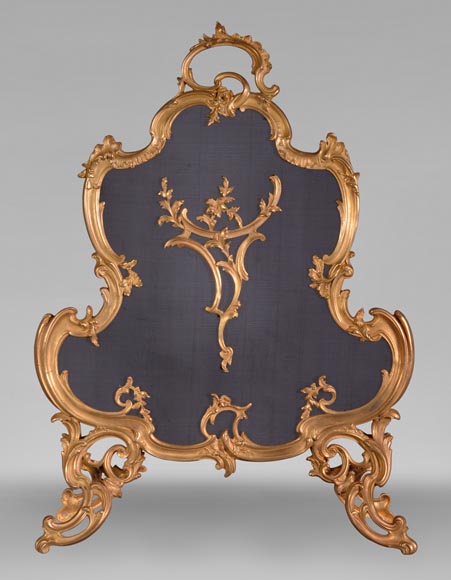 Beau pare-etincelles ancien en bronze doré de style Louis XV-0