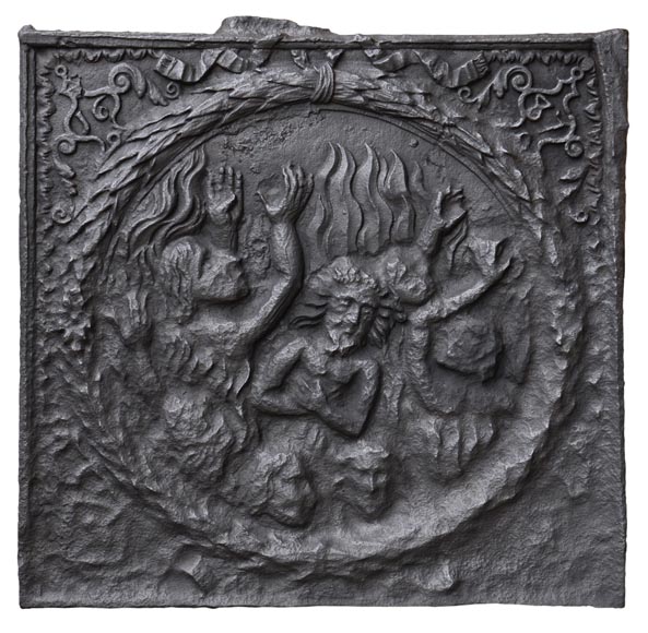 Plaque de cheminée ancienne représentant les Damnés brûlant en Enfer -0