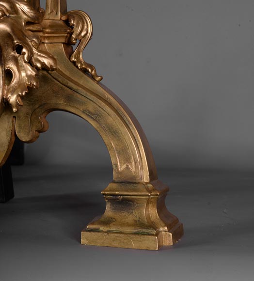 Paire de chenets ancienne de style Napoléon III en bronze doré aux têtes de lions -5