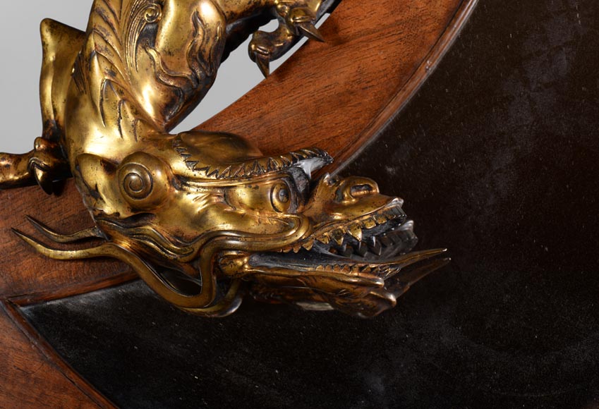 Gabriel VIARDOT (Att. à ) - Rare miroir japonisant en croissant de lune au dragon de bronze-2