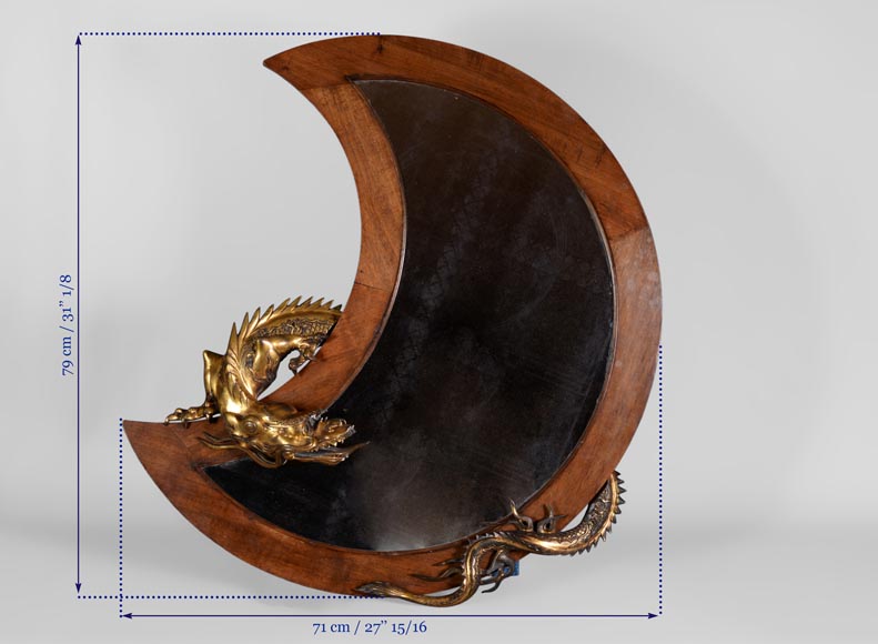 Gabriel VIARDOT (Att. à ) - Rare miroir japonisant en croissant de lune au dragon de bronze-6