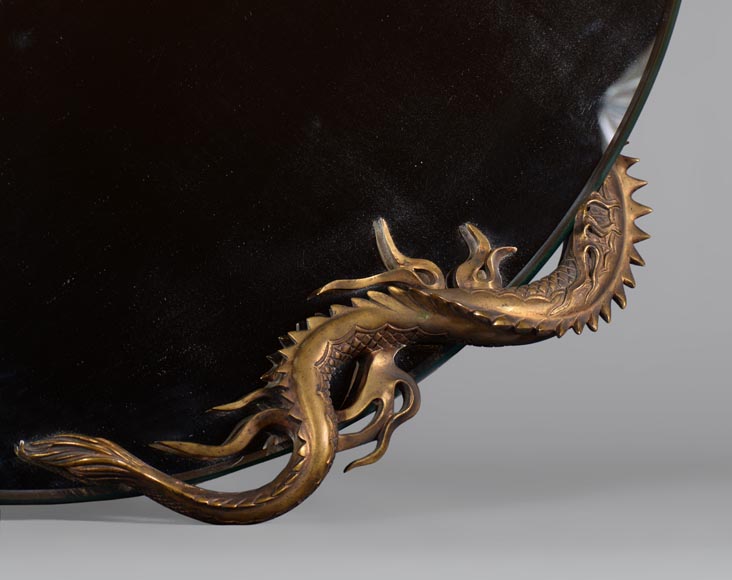 Gabriel VIARDOT (Att. à) - Très beau miroir japonisant en croissant de lune au dragon en bronze patiné-3
