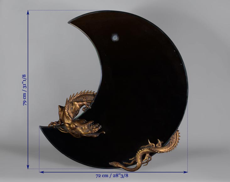 Gabriel VIARDOT (Att. à) - Très beau miroir japonisant en croissant de lune au dragon en bronze patiné-6