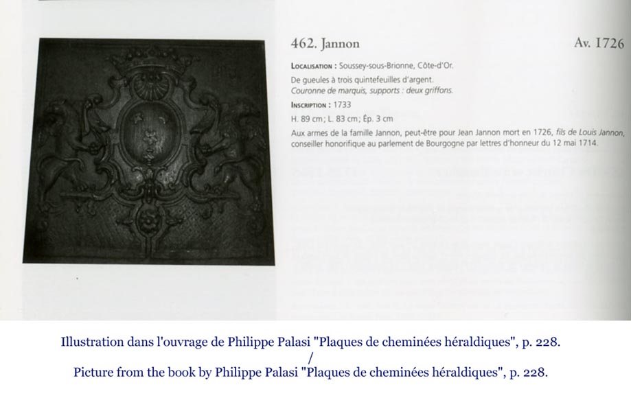 Belle plaque de cheminée ancienne aux armes de la famille Jannon, XVIIIè siècle-6